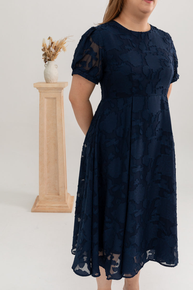 Organza Grace Dress (Navy Leaf Embroidery)