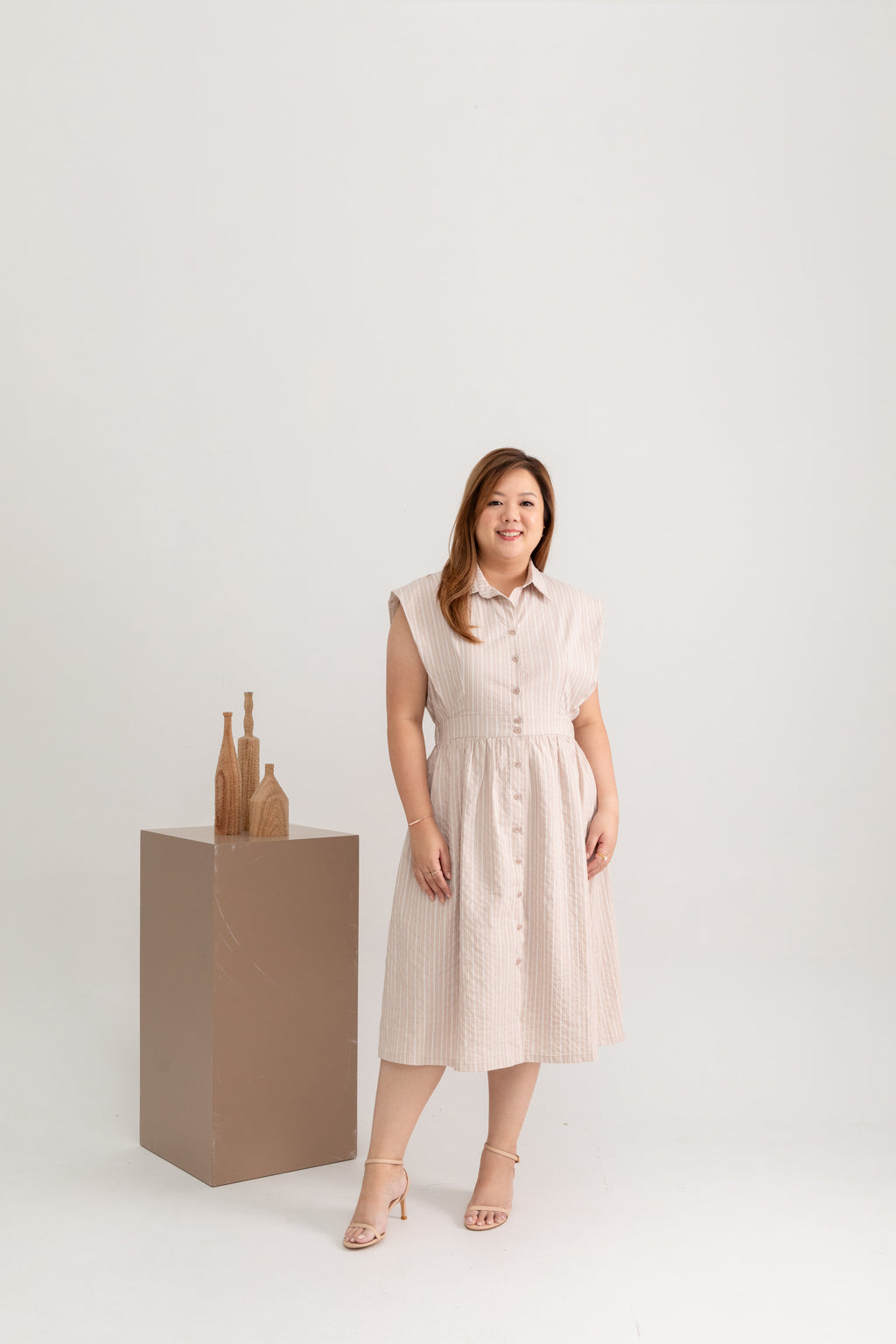 Elastic-Waist Shirt Dress (Oat Stripes)