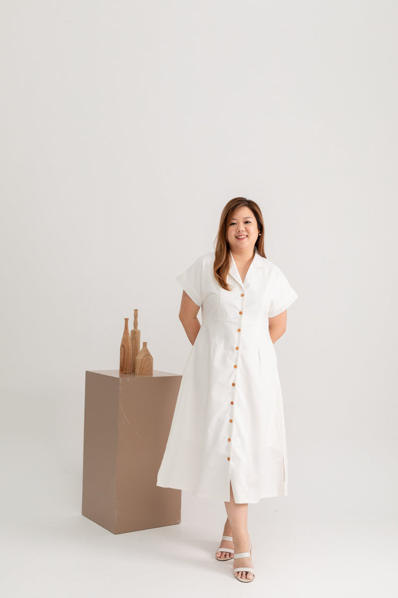 Linen Front Button Dress (White)