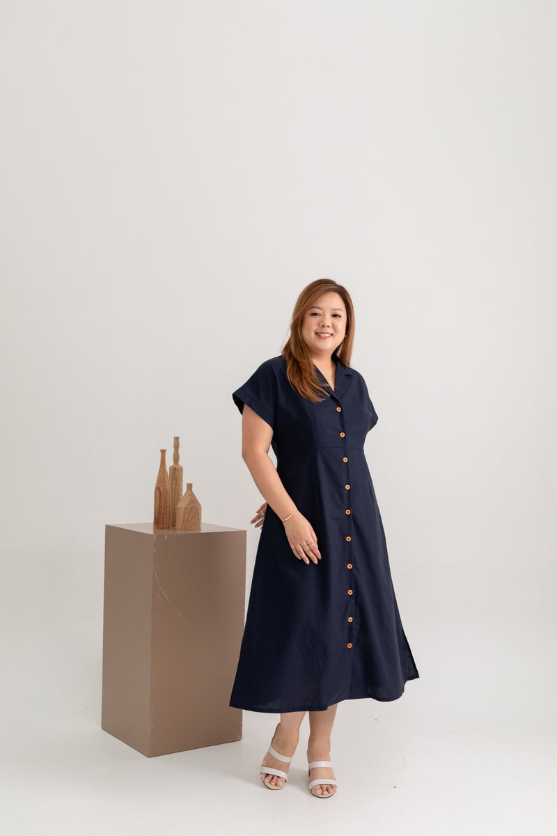 Linen Front Button Dress (Navy)