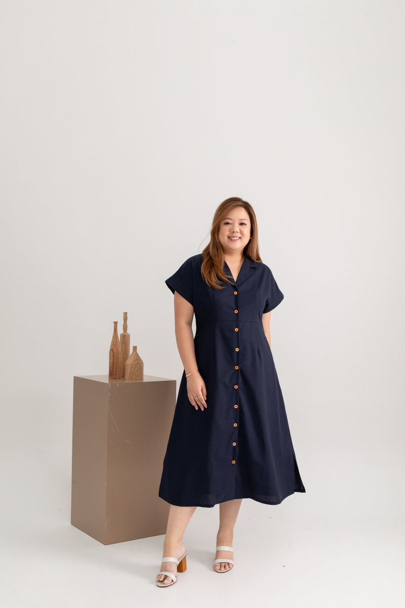 Linen Front Button Dress (Navy)