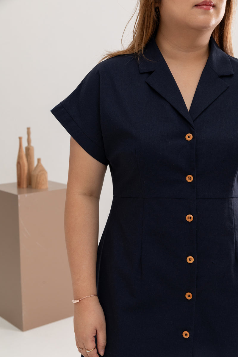 Linen Front Button Dress (Navy)