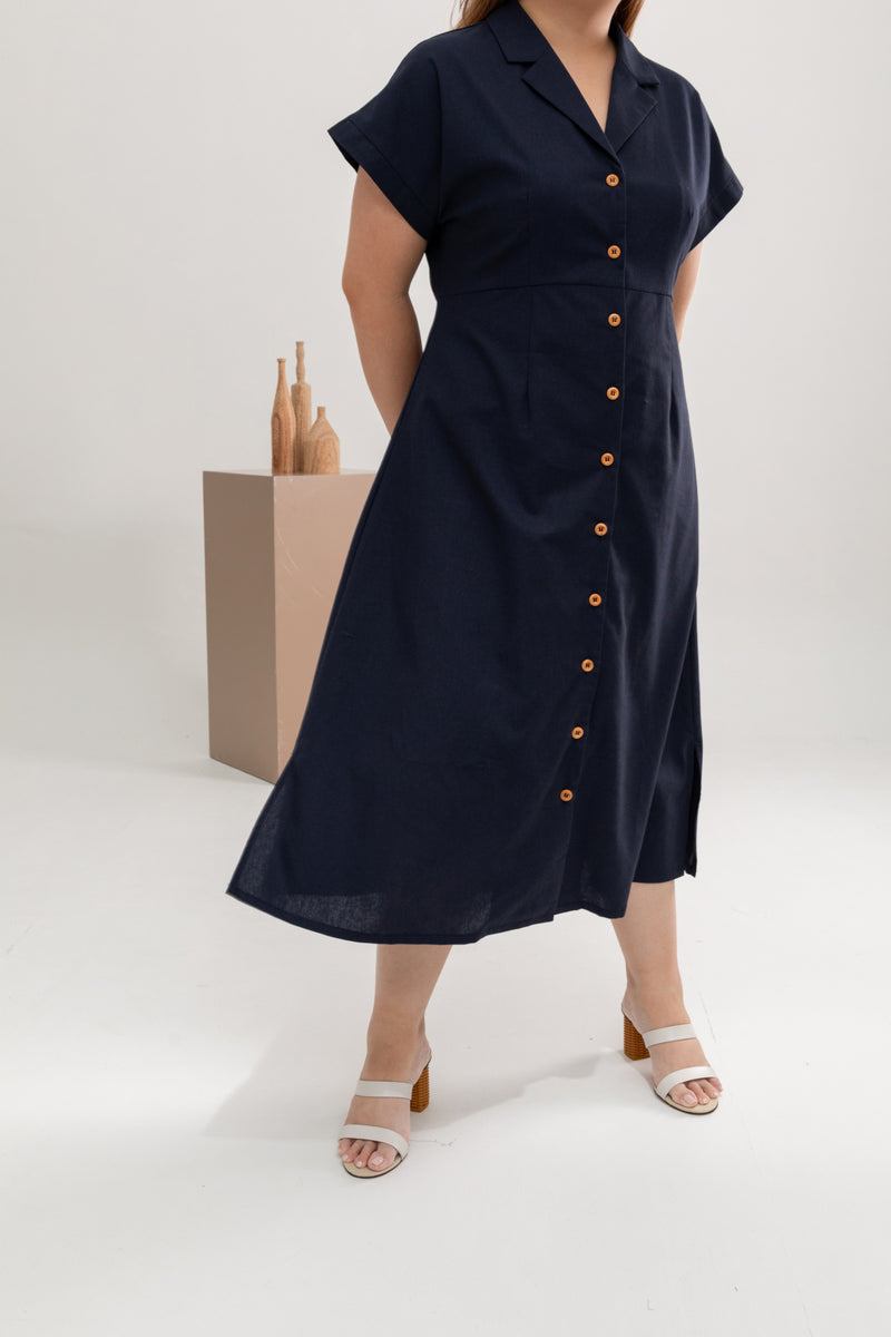 Linen Front Button Dress (Navy)