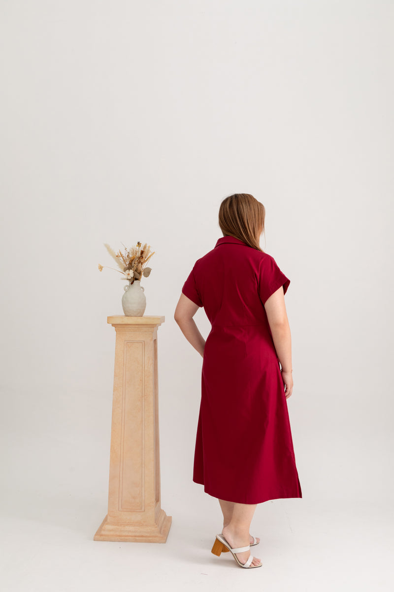 Linen Front Button Dress (Wine Red)