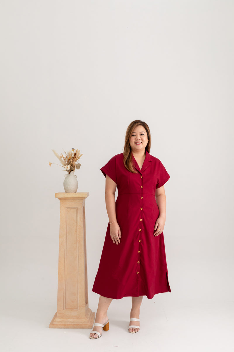Linen Front Button Dress (Wine Red)
