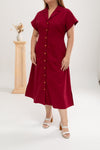 Linen Front Button Dress (Wine Red)