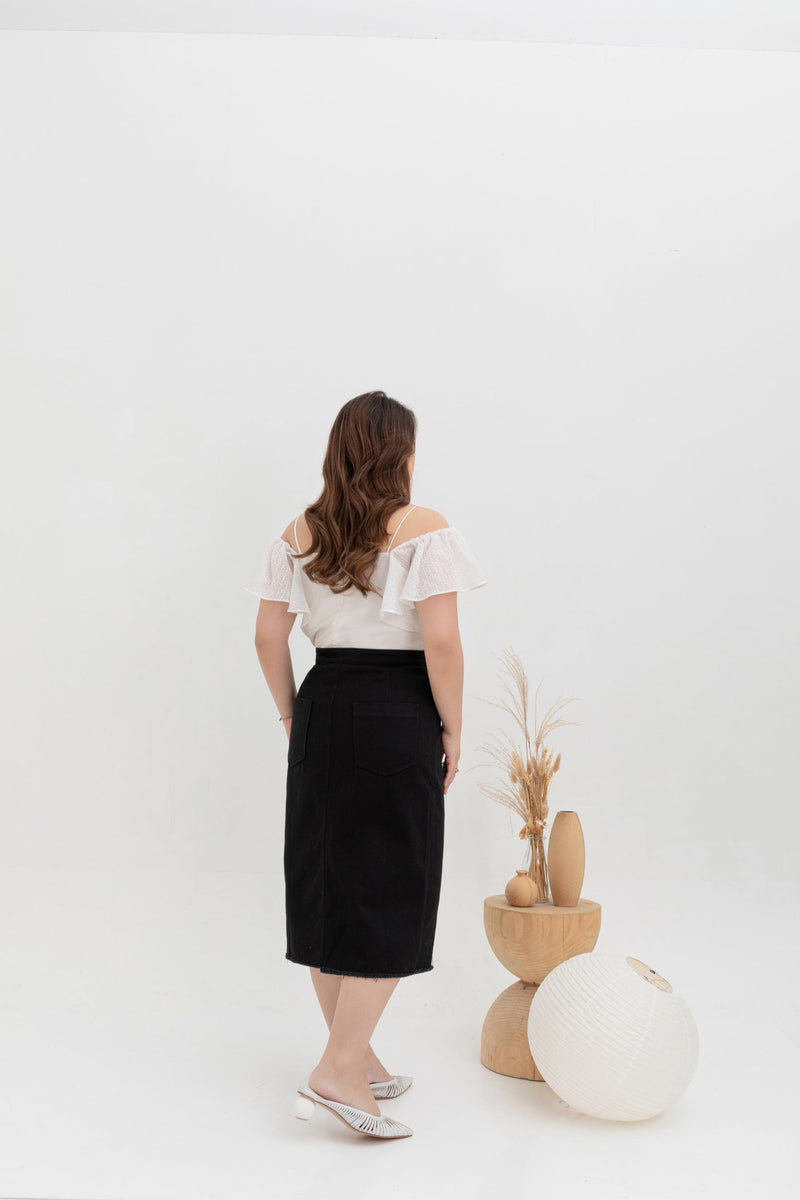 Asymmetrical Denim Midi Skirt (Black)