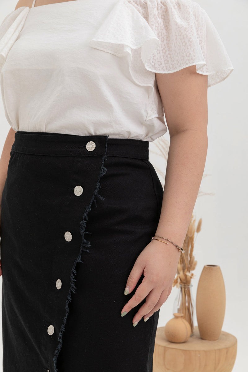 Asymmetrical Denim Midi Skirt (Black)