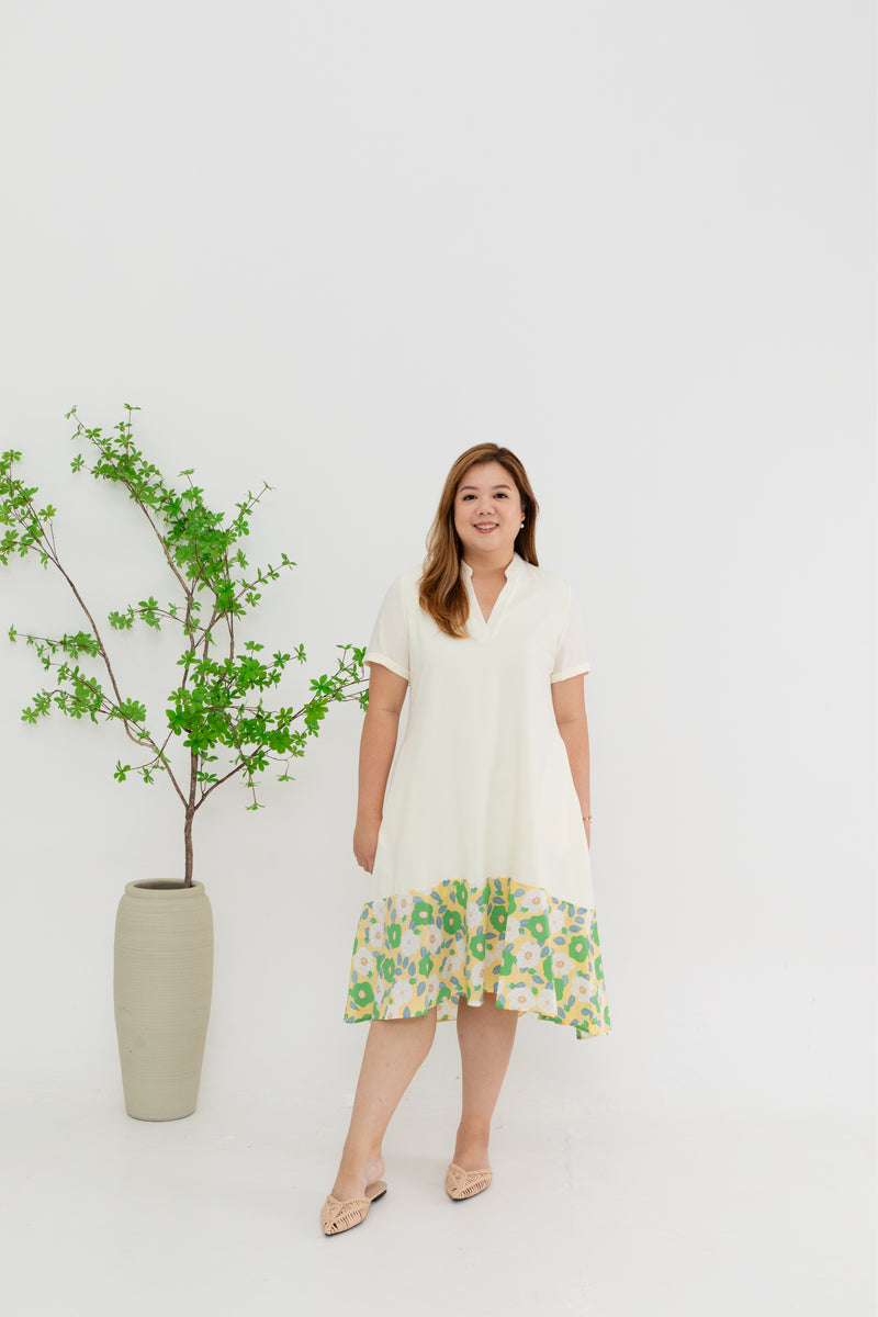 Colour Block Floral Hem Dress (Cream)