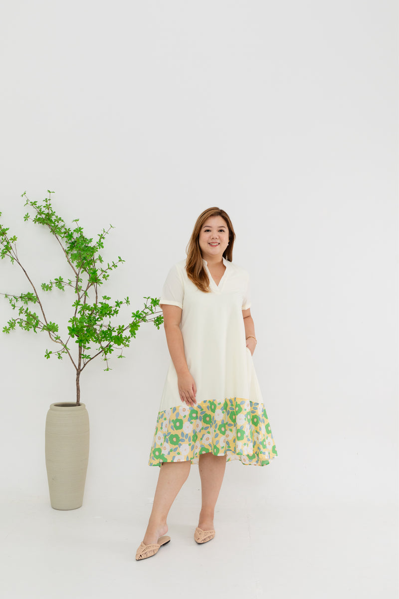Colour Block Floral Hem Dress (Cream)