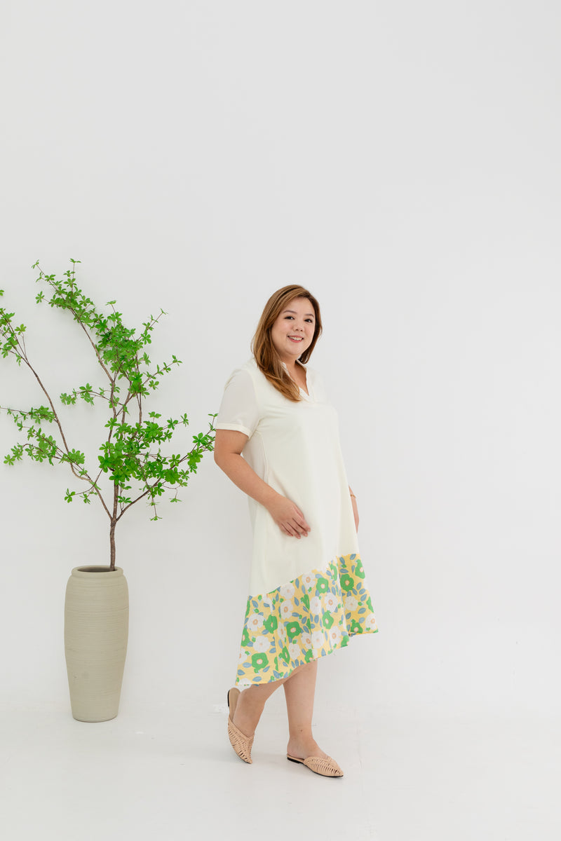 Colour Block Floral Hem Dress (Cream)