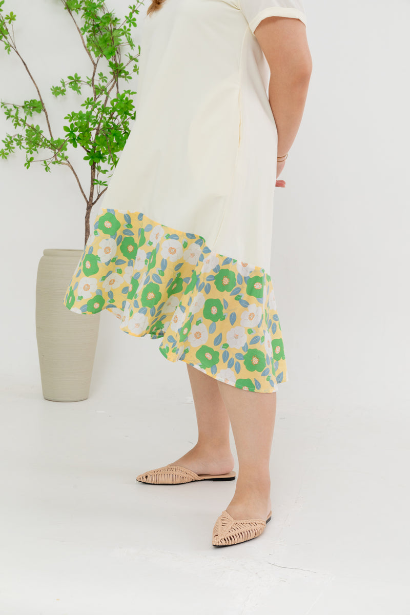 Colour Block Floral Hem Dress (Cream)