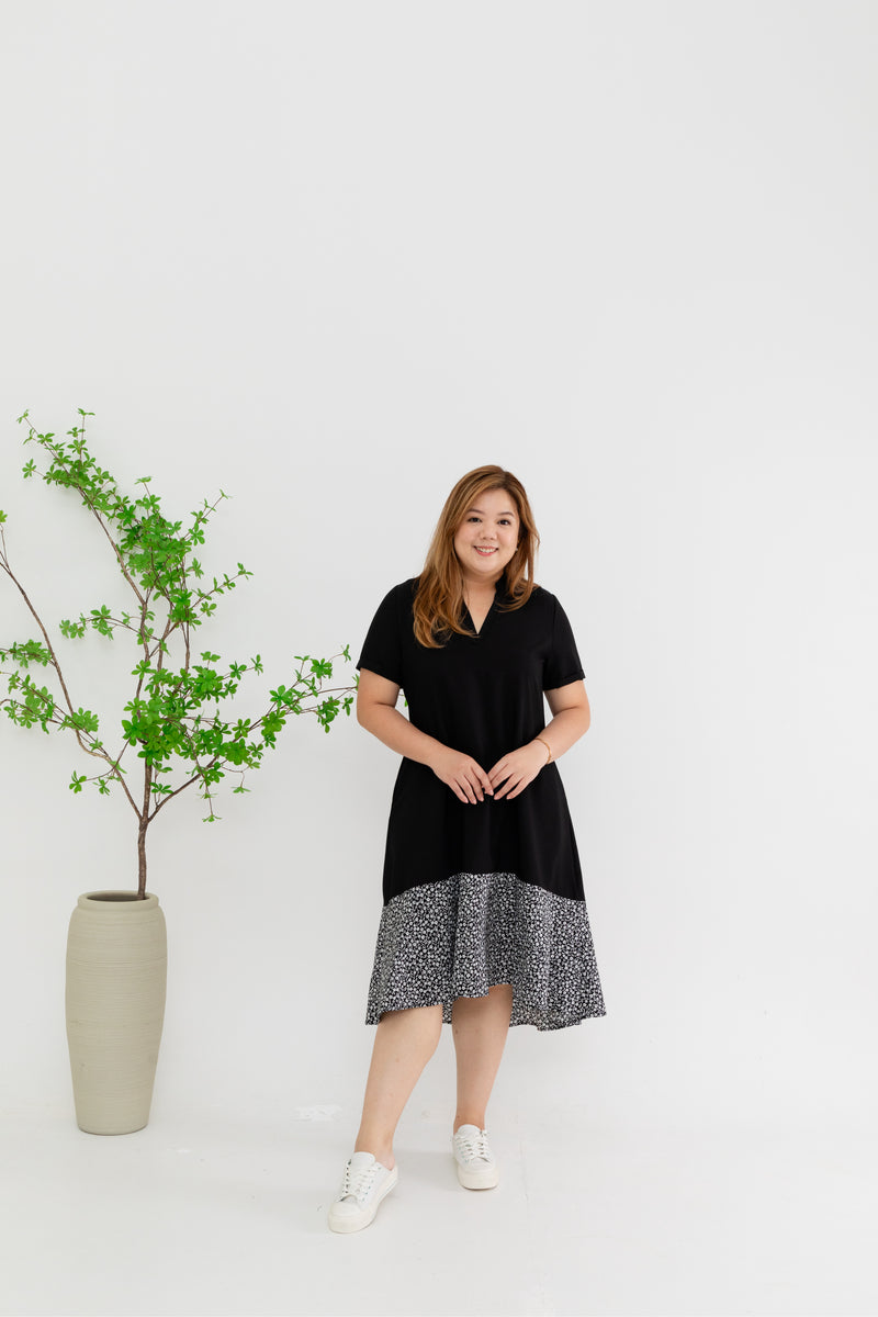 Colour Block Floral Hem Dress (Black)