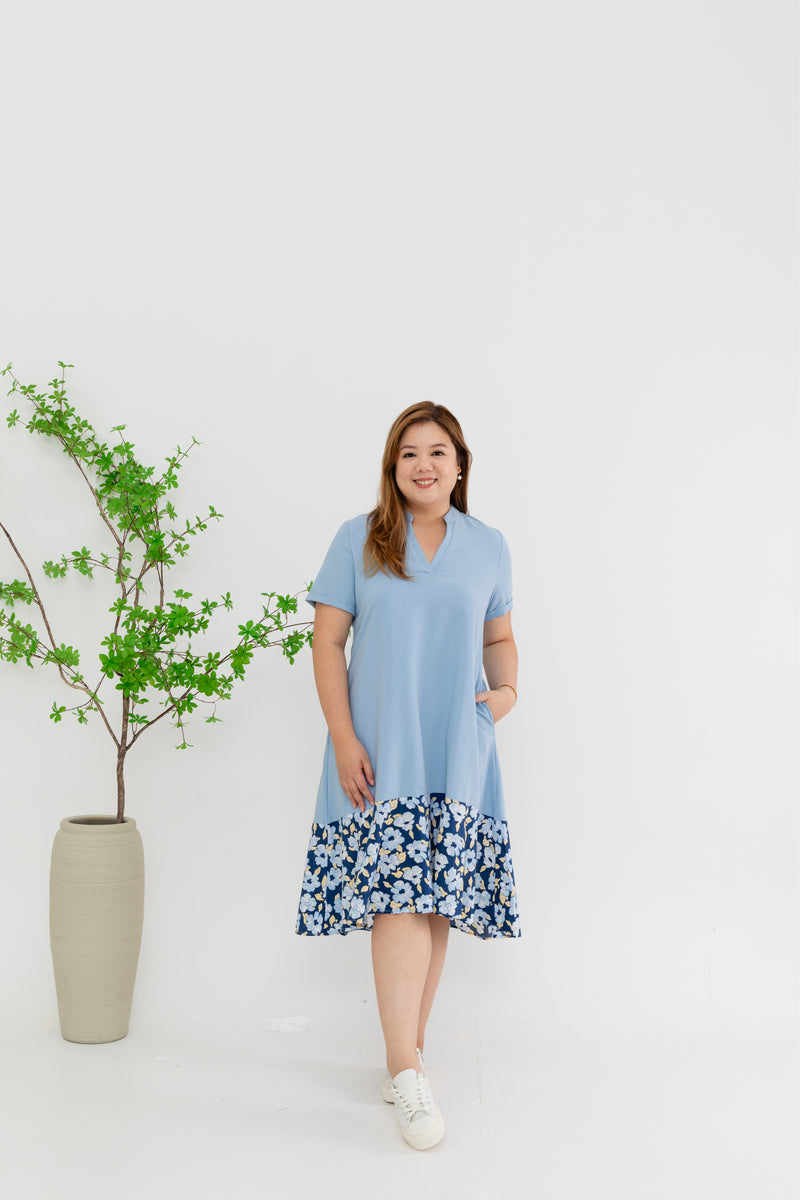 Colour Block Floral Hem Dress (Blue)