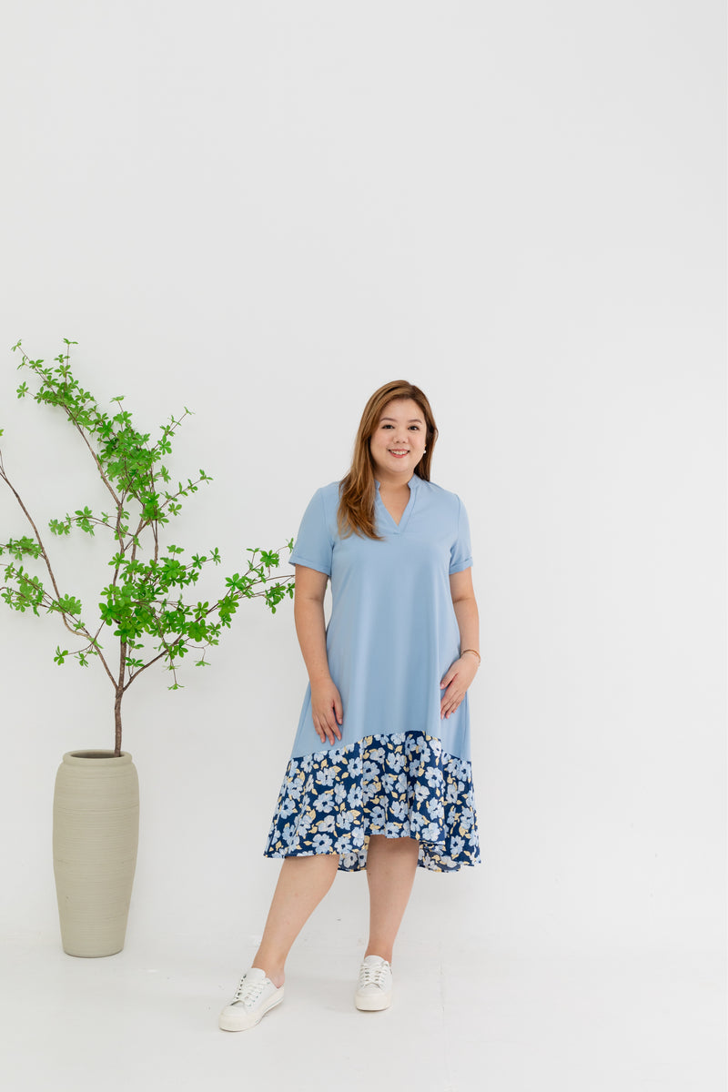 Colour Block Floral Hem Dress (Blue)