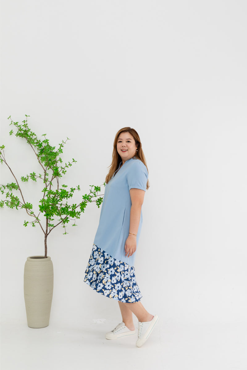 Colour Block Floral Hem Dress (Blue)