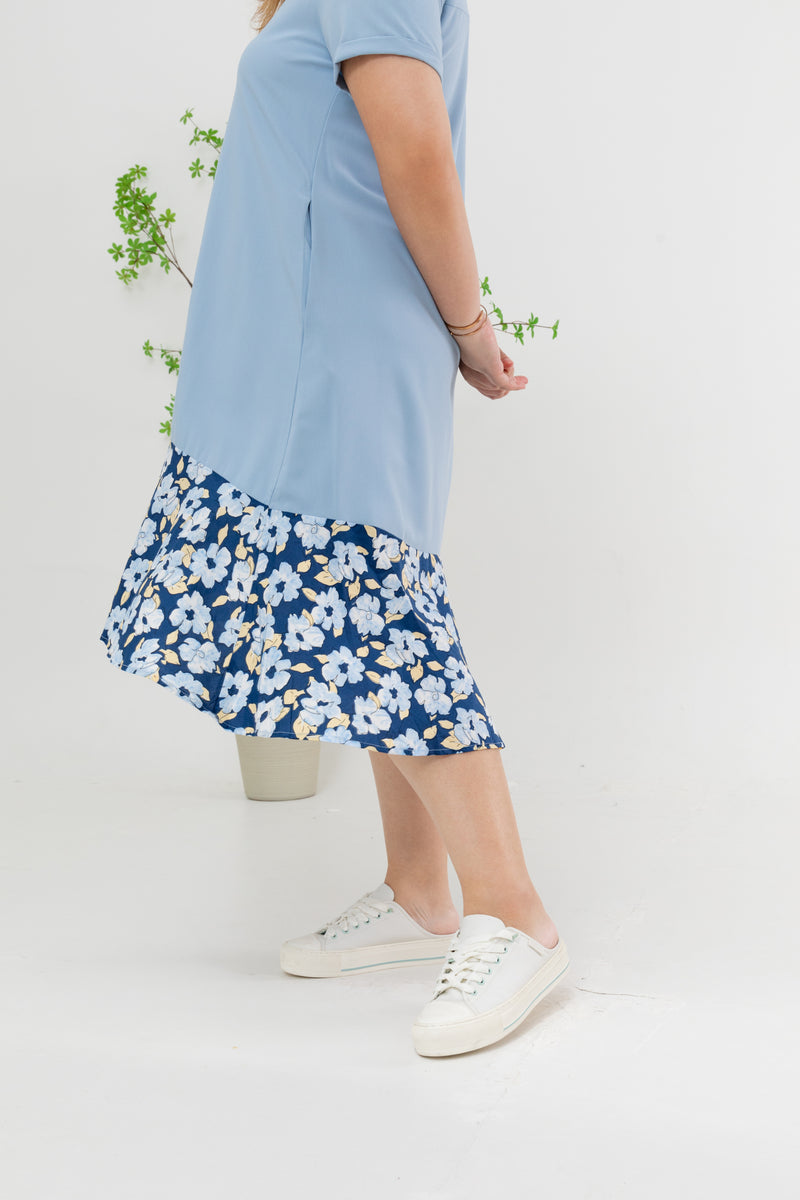 Colour Block Floral Hem Dress (Blue)