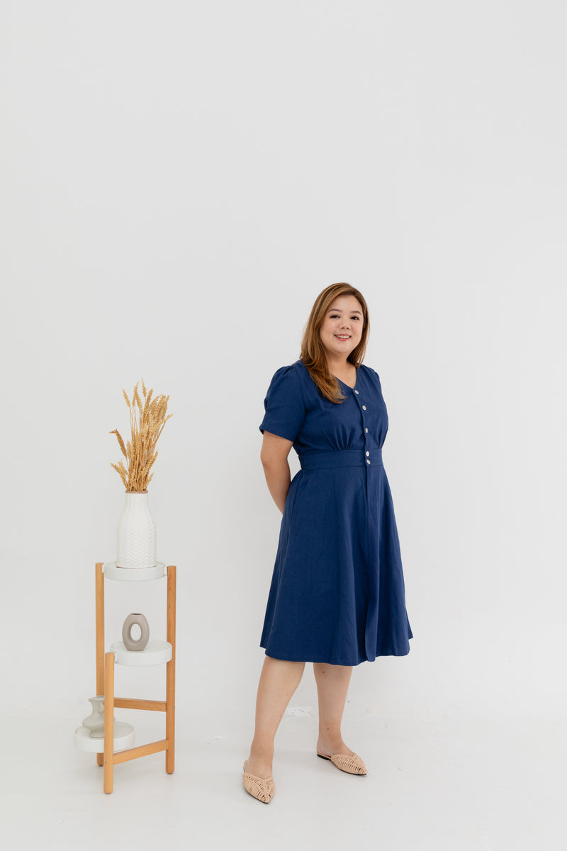 Twill Elastic-back Dress (Blue)