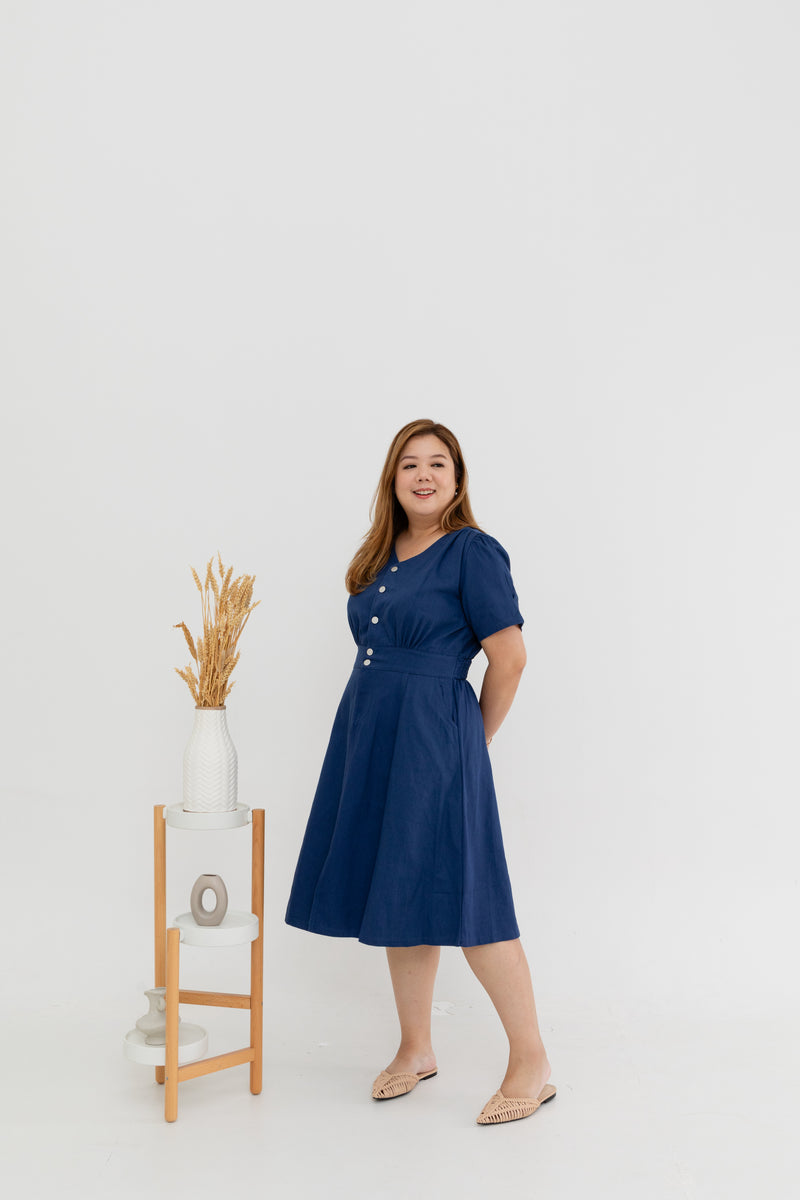 Twill Elastic-back Dress (Blue)