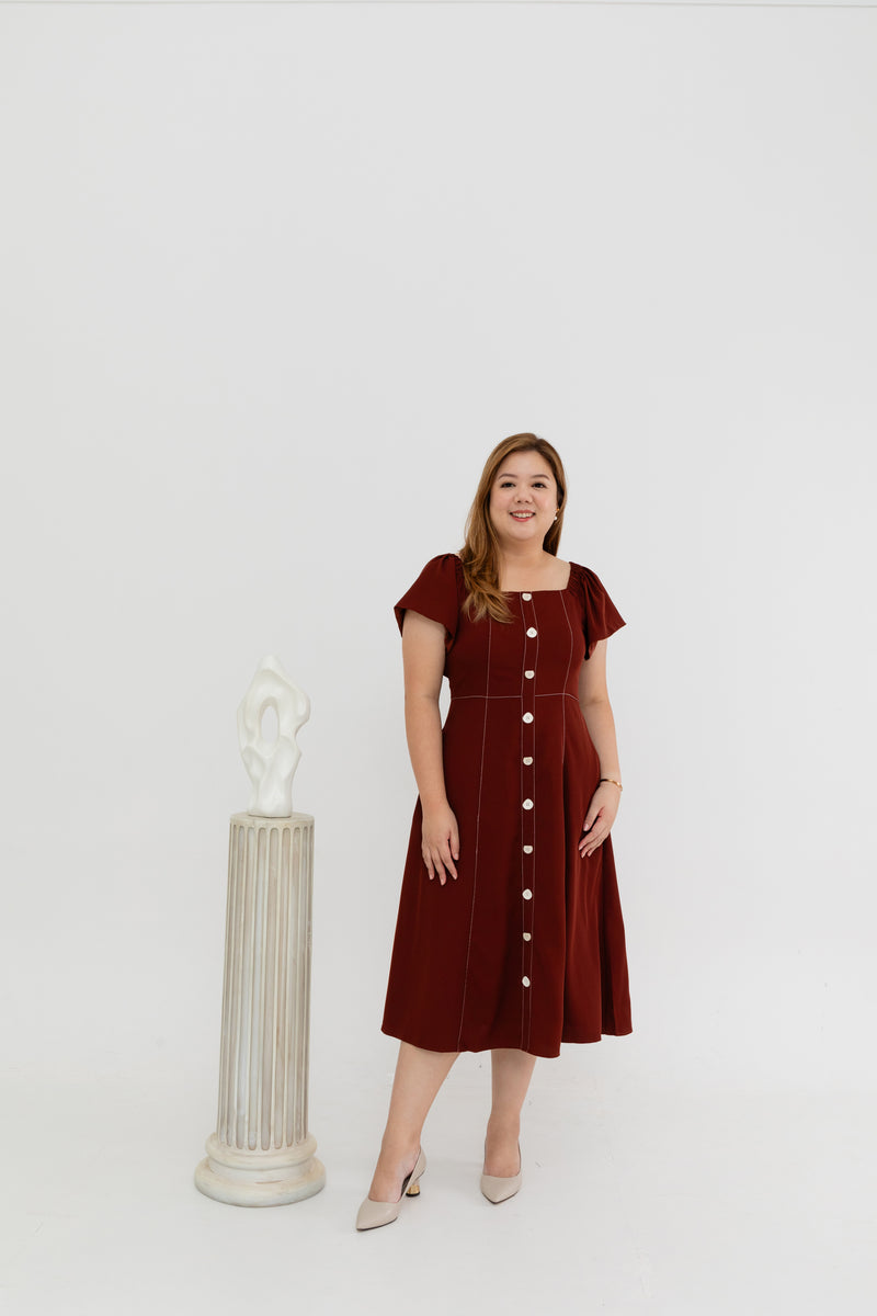 2-way Off Shoulder Contrast Stitch Midi Dress (Mocha)
