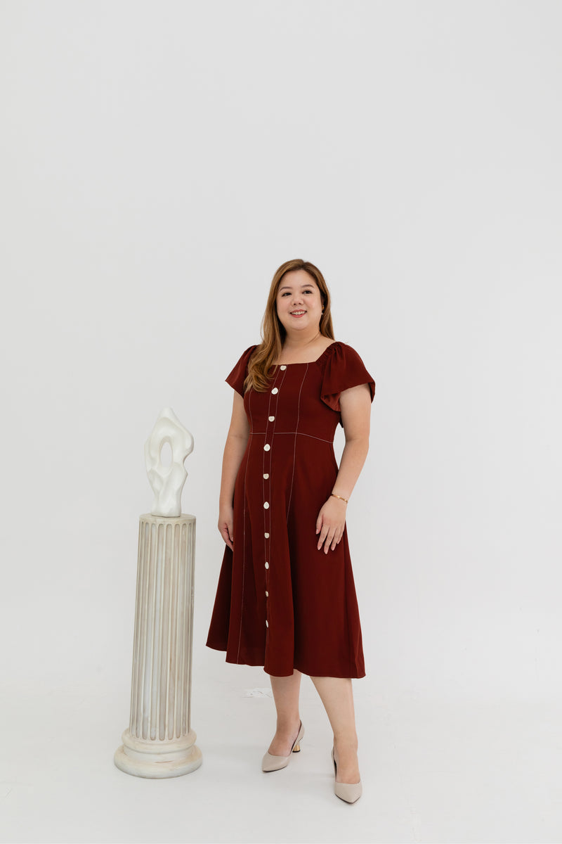 2-way Off Shoulder Contrast Stitch Midi Dress (Mocha)