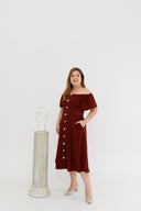 2-way Off Shoulder Contrast Stitch Midi Dress (Mocha)