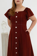 2-way Off Shoulder Contrast Stitch Midi Dress (Mocha)