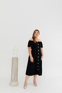2-way Off Shoulder Contrast Stitch Midi Dress (Black)