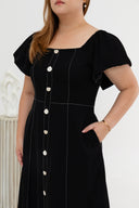 2-way Off Shoulder Contrast Stitch Midi Dress (Black)