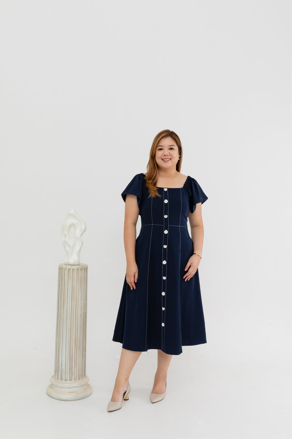 2-way Off Shoulder Contrast Stitch Midi Dress (Blue)