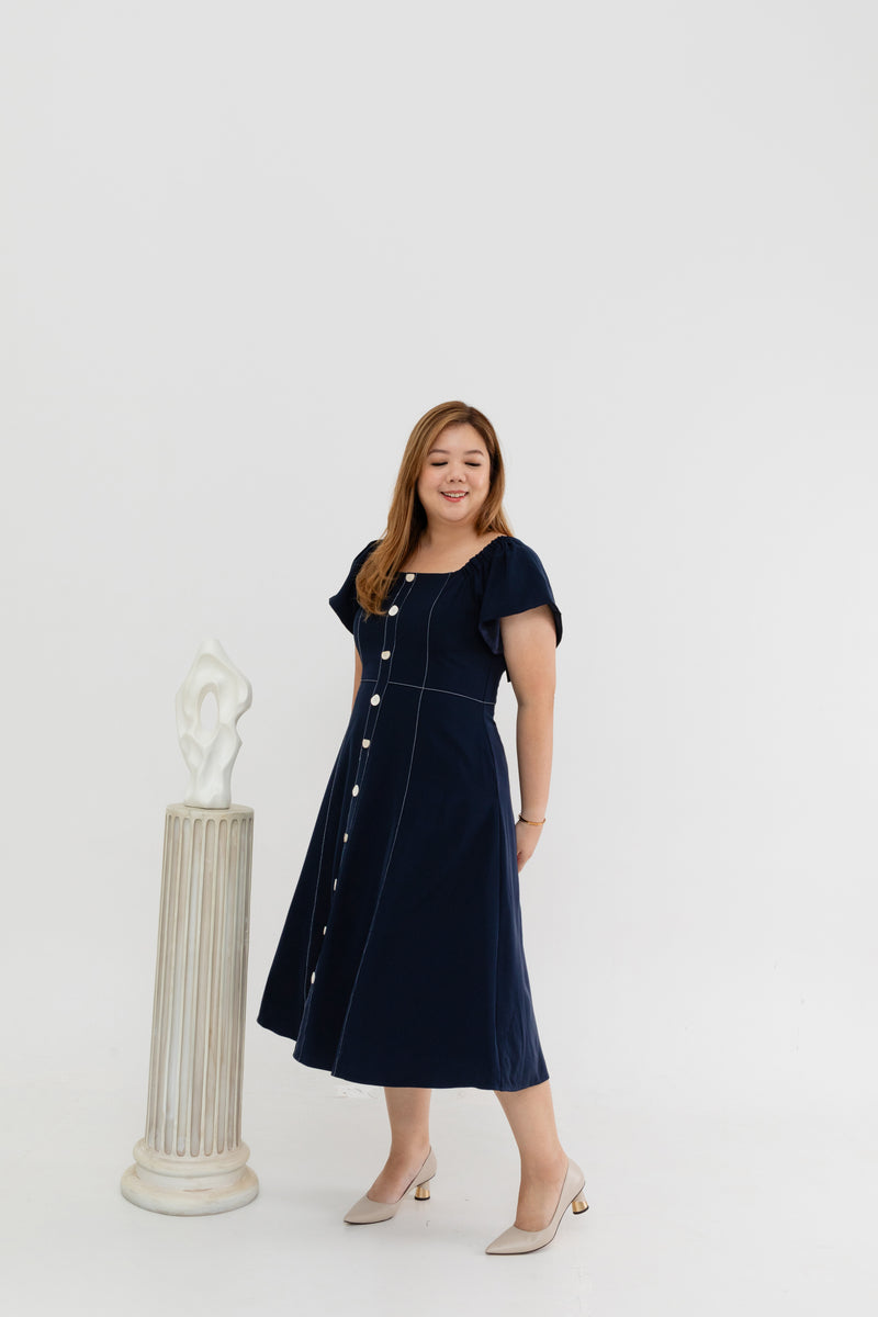 2-way Off Shoulder Contrast Stitch Midi Dress (Blue)