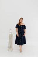 2-way Off Shoulder Contrast Stitch Midi Dress (Blue)