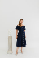 2-way Off Shoulder Contrast Stitch Midi Dress (Blue)