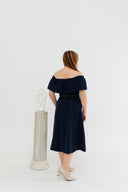 2-way Off Shoulder Contrast Stitch Midi Dress (Blue)