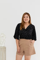 Pleated Wide Sleeves Wrap Top (Black Polka)