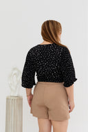 Pleated Wide Sleeves Wrap Top (Black Polka)