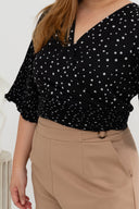 Pleated Wide Sleeves Wrap Top (Black Polka)