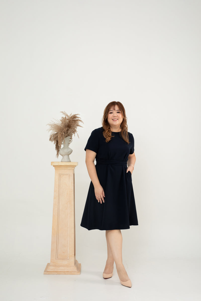 Waist-tie Fit and Flare Dress (Dark Navy)