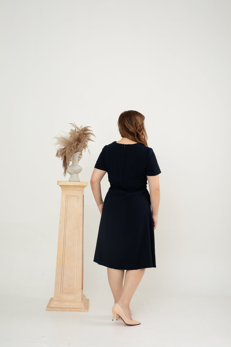 Waist-tie Fit and Flare Dress (Dark Navy)