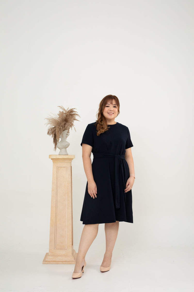 Waist-tie Fit and Flare Dress (Dark Navy)