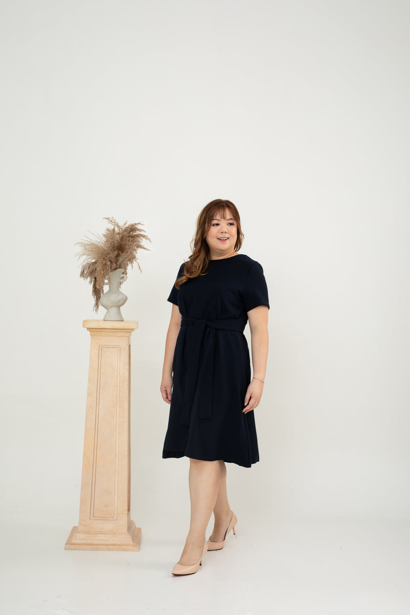 Waist-tie Fit and Flare Dress (Dark Navy)