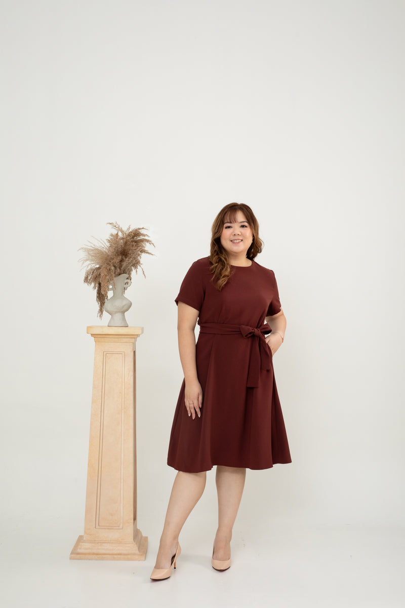 Waist-tie Fit and Flare Dress (Dark Red)