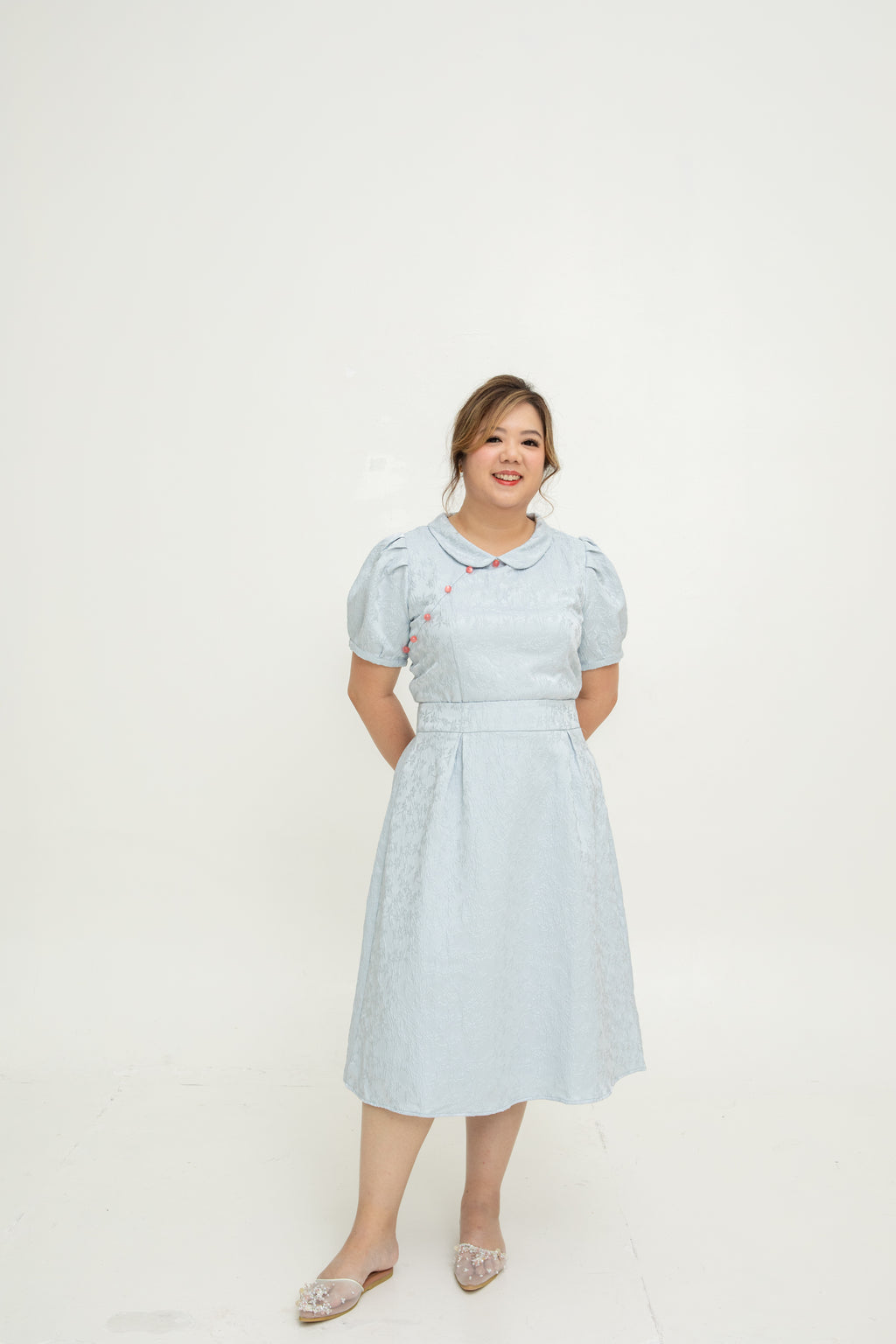 (Co-Ord)Embossed A-line High-Waist Skirt (Pastel Blue)