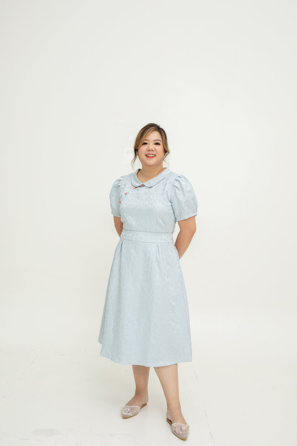 (Co-Ord)Embossed A-line High-Waist Skirt (Pastel Blue)