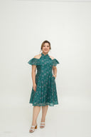 Cold Shoulder Cheongsam Fit & Flare Dress (Emerald Pink)