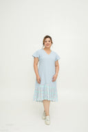Asymmetrical Frills Midi Dress (Pastel Blue Polka Dots)