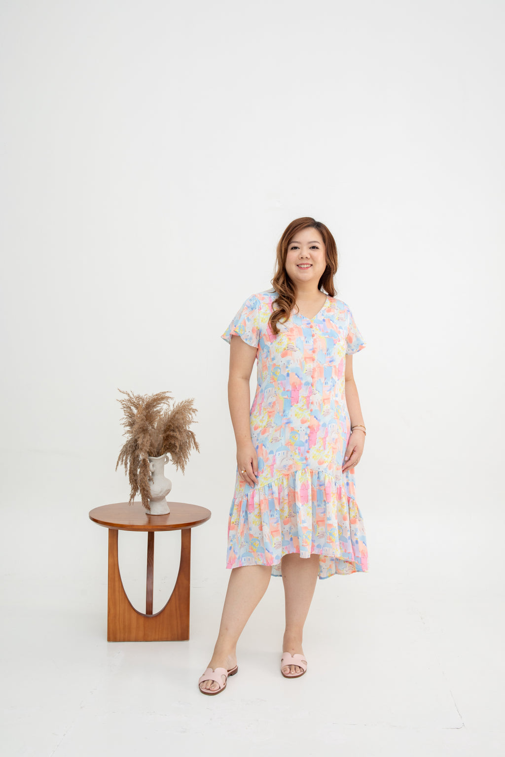Asymmetrical Frills Midi Dress (Santorini Pink)