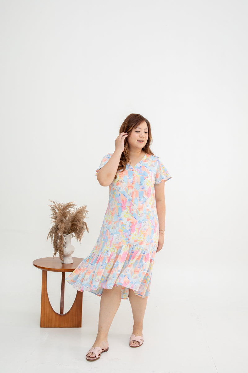 Asymmetrical Frills Midi Dress (Santorini Pink)