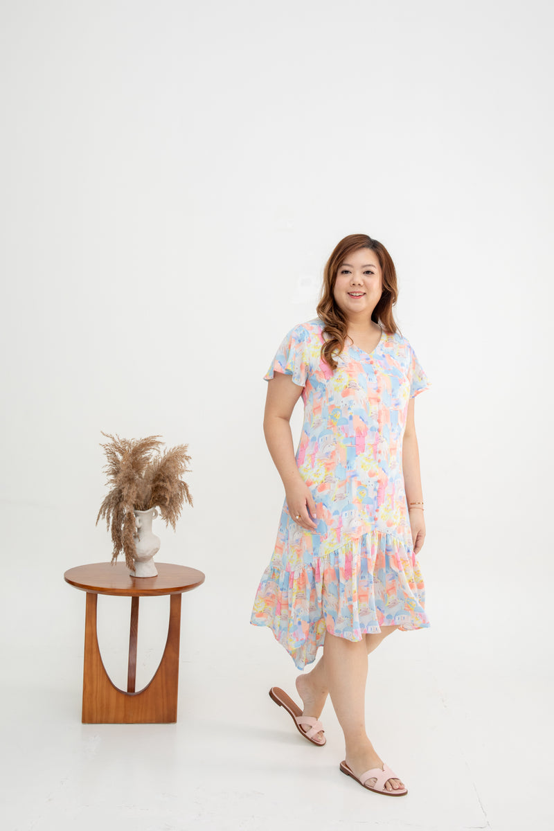 Asymmetrical Frills Midi Dress (Santorini Pink)