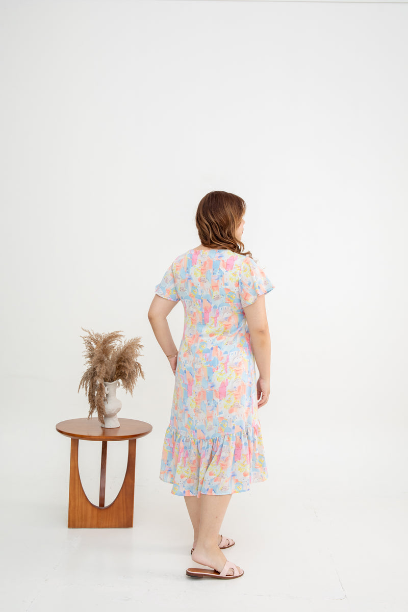 Asymmetrical Frills Midi Dress (Santorini Pink)